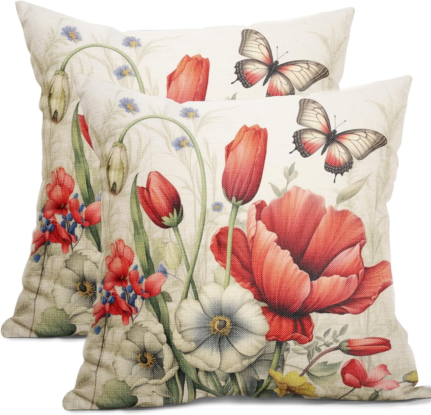 Spring Summer Flower Pillow Covers 18x18 Inch Set of 2 Red Floral Butterfly Summer Outdoor Throw Pillows Spring Farmhouse Pillowcases Cotton Linen Cushion Covers for Couch Bed Sofa Chair Home Decor
